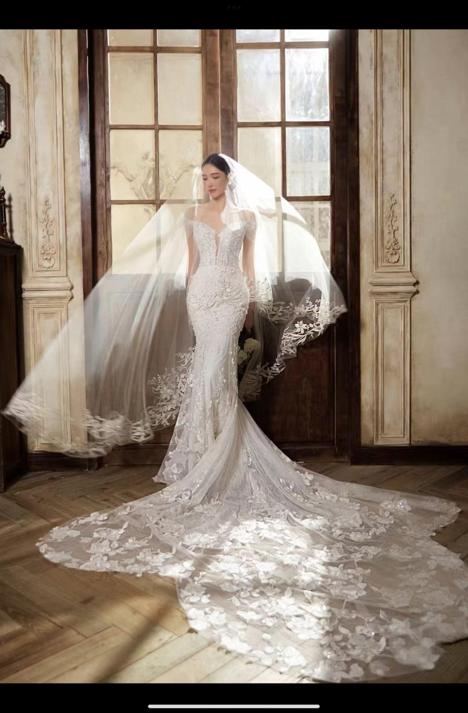 Off Shoulder Deep V Mermaid Wedding Dress Handmade 3D Floral Lace Long Cathedral Train Bridal Gown With Lace Edge Veil
