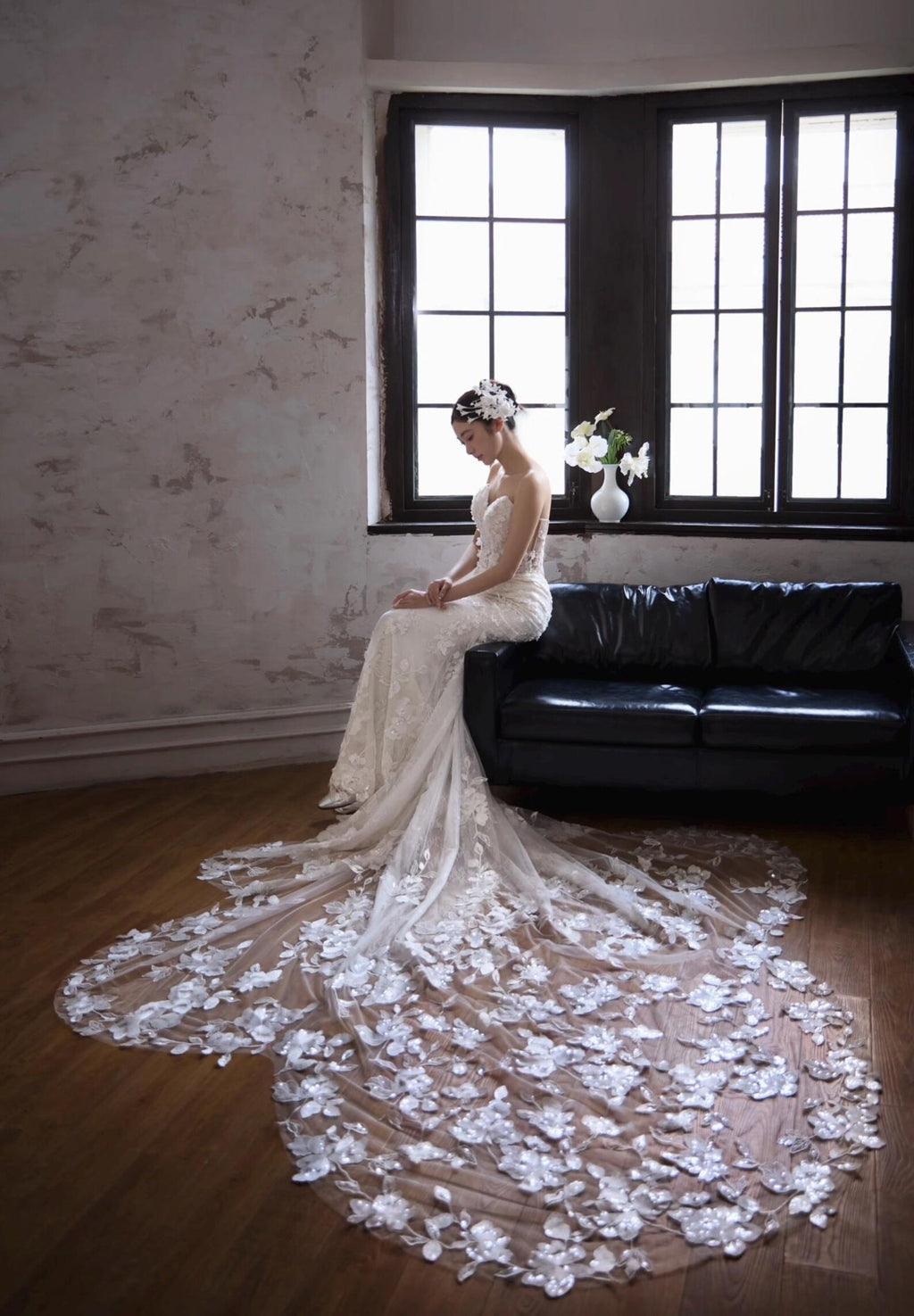 Off Shoulder Deep V Mermaid Wedding Dress Handmade 3D Floral Lace Long Cathedral Train Bridal Gown With Lace Edge Veil