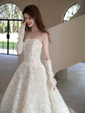 Strapless Full Lace Ball Gown Wedding Dress With Detachable Lace Gloves Chapel Train Bridal Gown