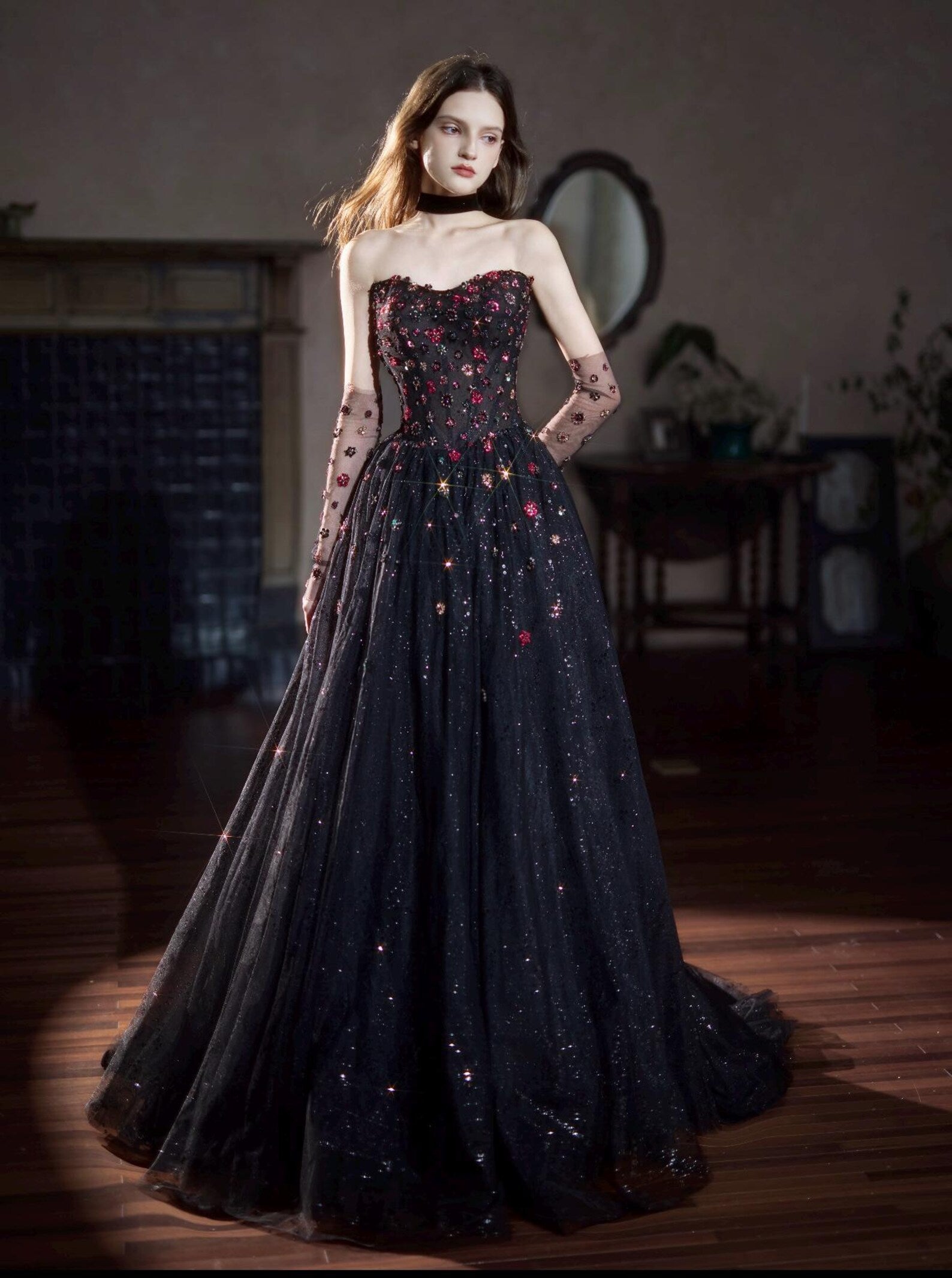 Gothic Black Sparkly Tulle Formal Gown Handmade Flower Crystal Applique Prom Dress With Veil