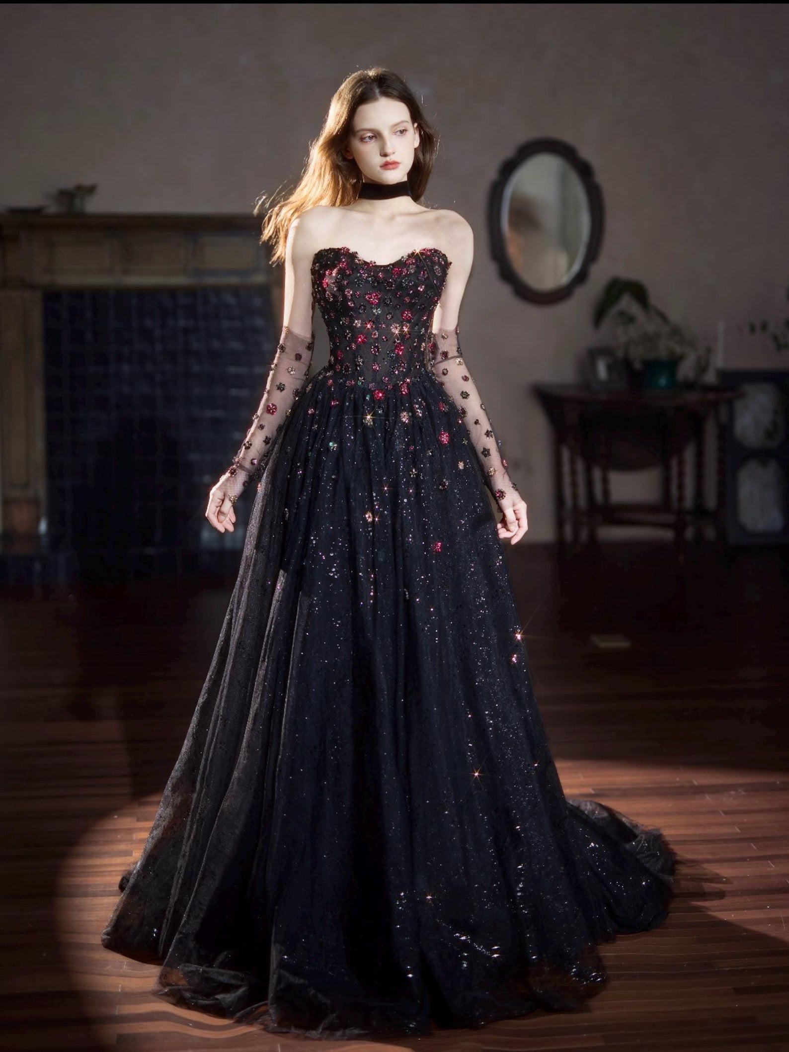 Gothic Black Sparkly Tulle Formal Gown Handmade Flower Crystal Applique Prom Dress With Veil