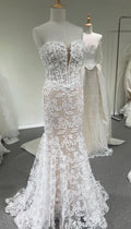 Strapless 3D Floral Lace Mermaid Wedding Dress Sheer Tulle Bridal Gown