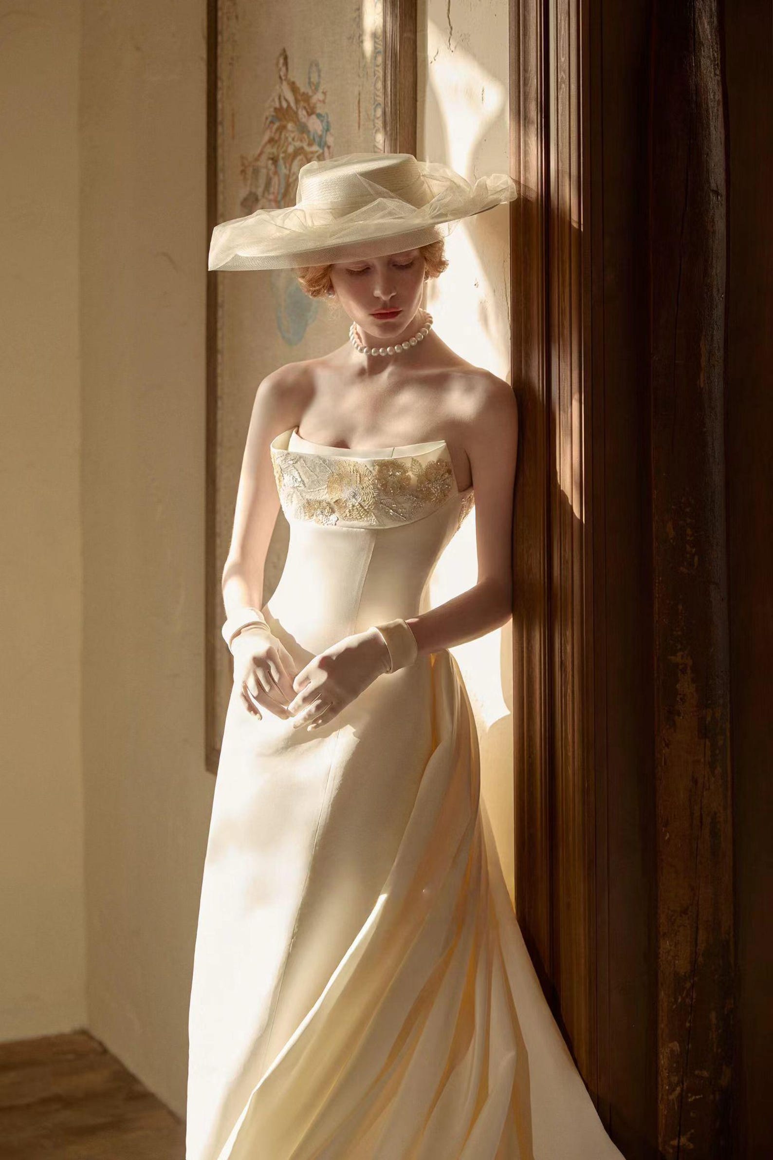 Strapless Lace Wedding Dress With Camellia Embroidery