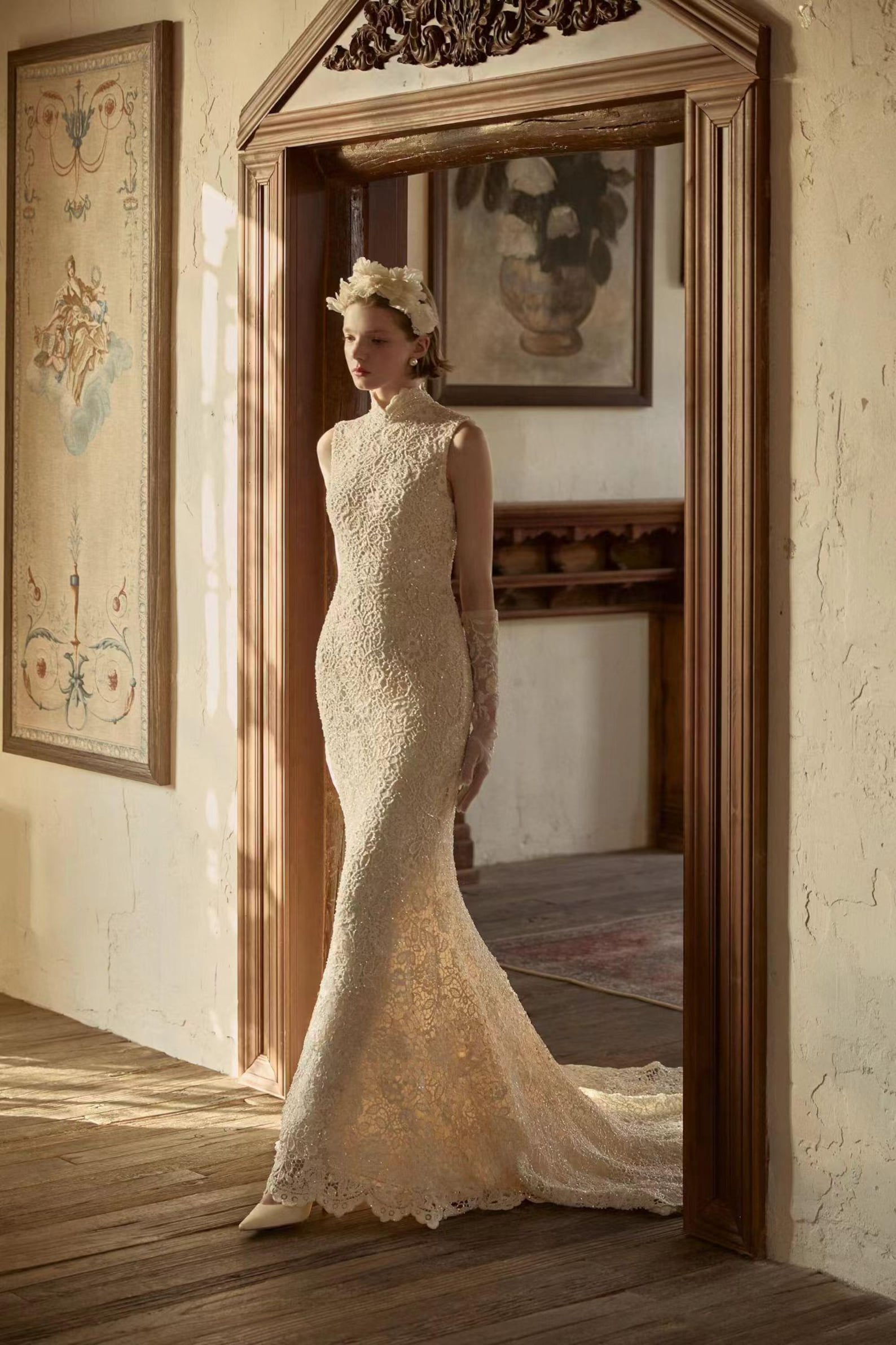 Vintage High Neck Lace Mermaid Wedding Dress, Sleeveless Beaded Bridal Gown With Long Train