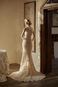 Vintage High Neck Lace Mermaid Wedding Dress, Sleeveless Beaded Bridal Gown With Long Train