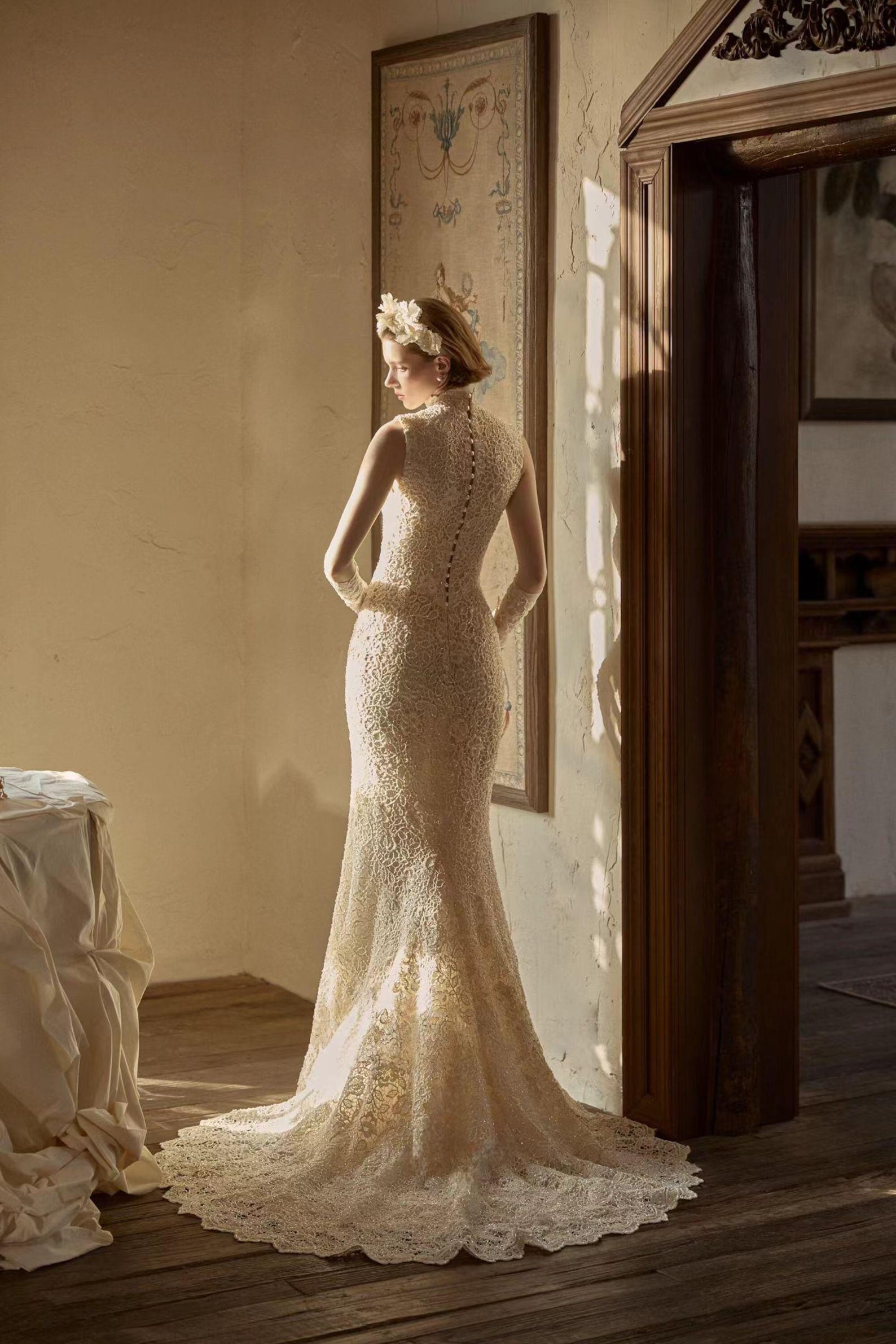 Vintage High Neck Lace Mermaid Wedding Dress, Sleeveless Beaded Bridal Gown With Long Train