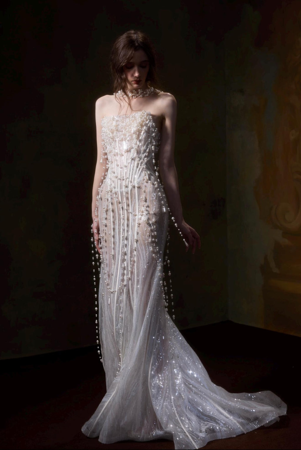 Luxury Hand Sewn Pearl Streamer Fit And Flare Wedding Gown, Glitter Mesh See Through Bride Dress