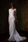 Luxury Hand Sewn Pearl Streamer Fit And Flare Wedding Gown, Glitter Mesh See Through Bride Dress