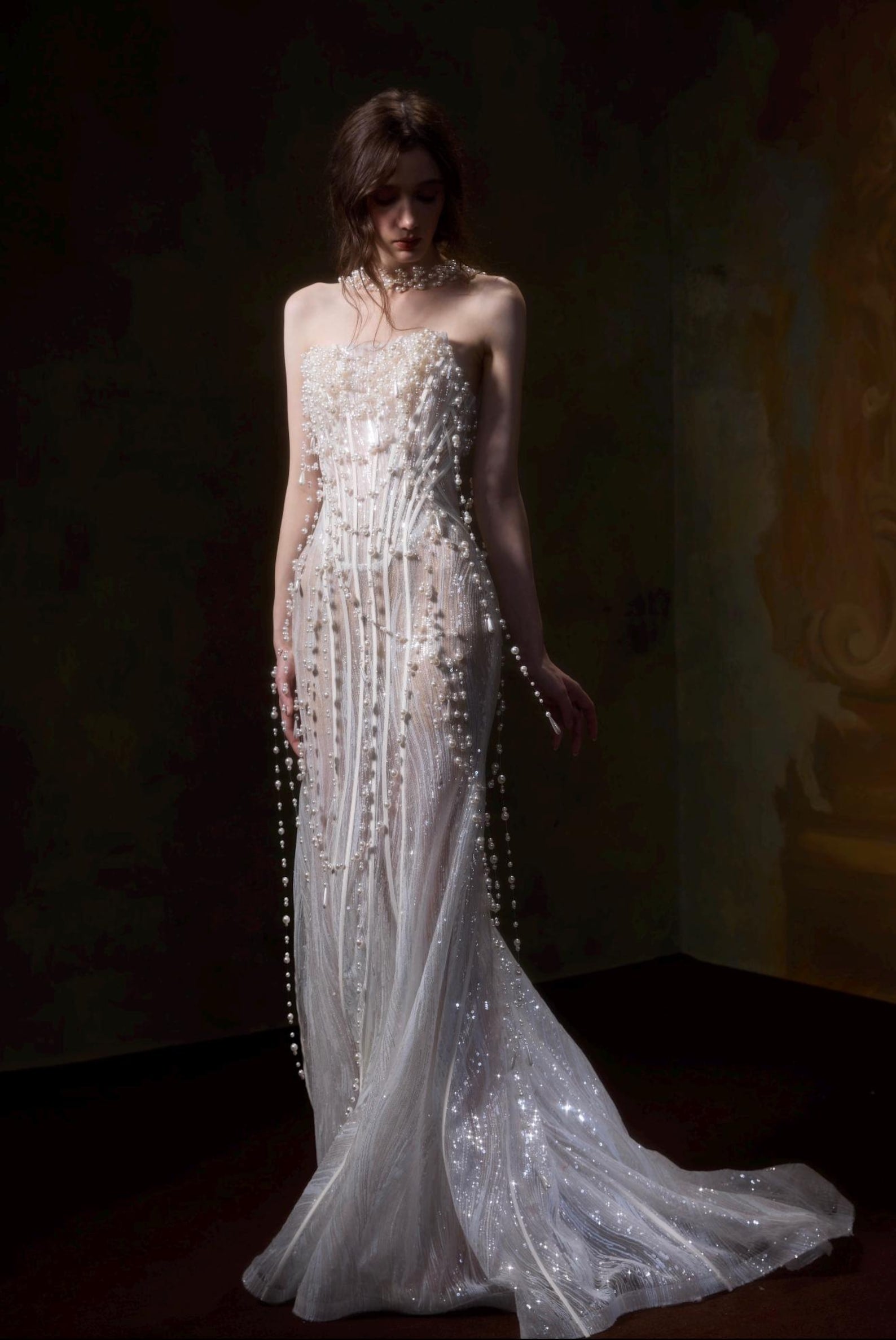 Luxury Hand Sewn Pearl Streamer Fit And Flare Wedding Gown, Glitter Mesh See Through Bride Dress