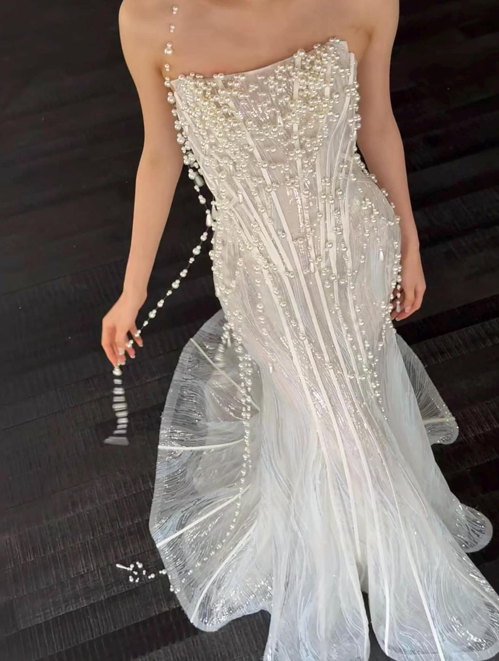 Luxury Hand Sewn Pearl Streamer Fit And Flare Wedding Gown, Glitter Mesh See Through Bride Dress