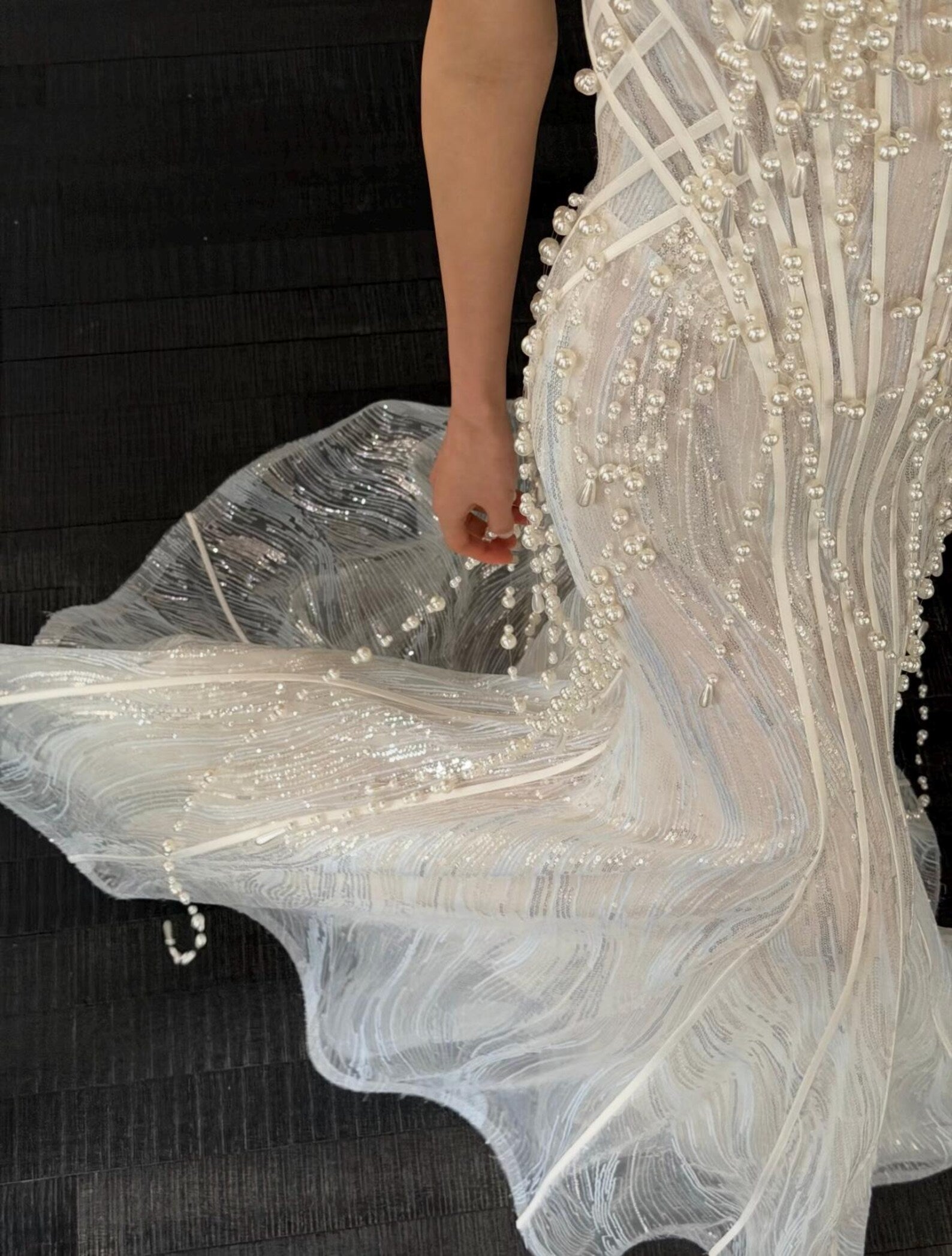 Luxury Hand Sewn Pearl Streamer Fit And Flare Wedding Gown, Glitter Mesh See Through Bride Dress