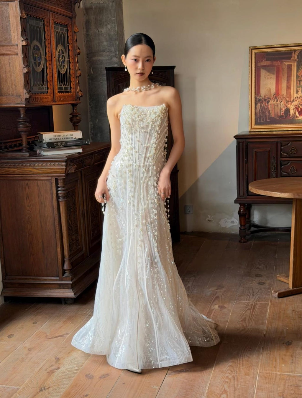 Luxury Hand Sewn Pearl Streamer Fit And Flare Wedding Gown, Glitter Mesh See Through Bride Dress