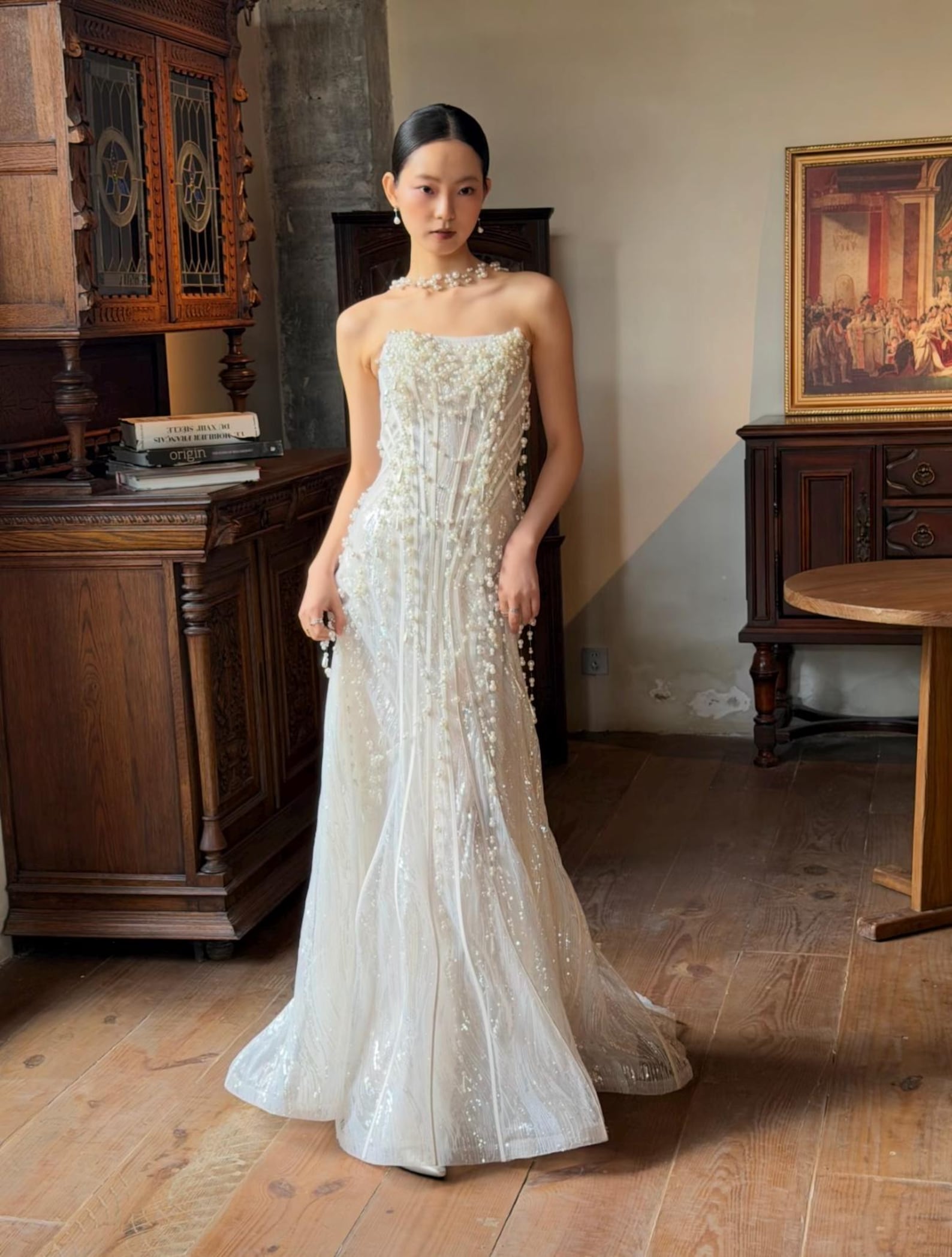 Luxury Hand Sewn Pearl Streamer Fit And Flare Wedding Gown, Glitter Mesh See Through Bride Dress