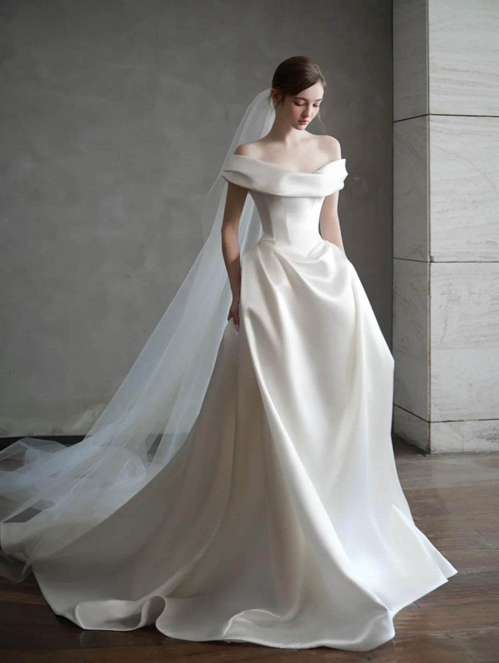 Off Shoulder Satin A Line Wedding Dress Minimalist Long Train Ivory Bridal Gown
