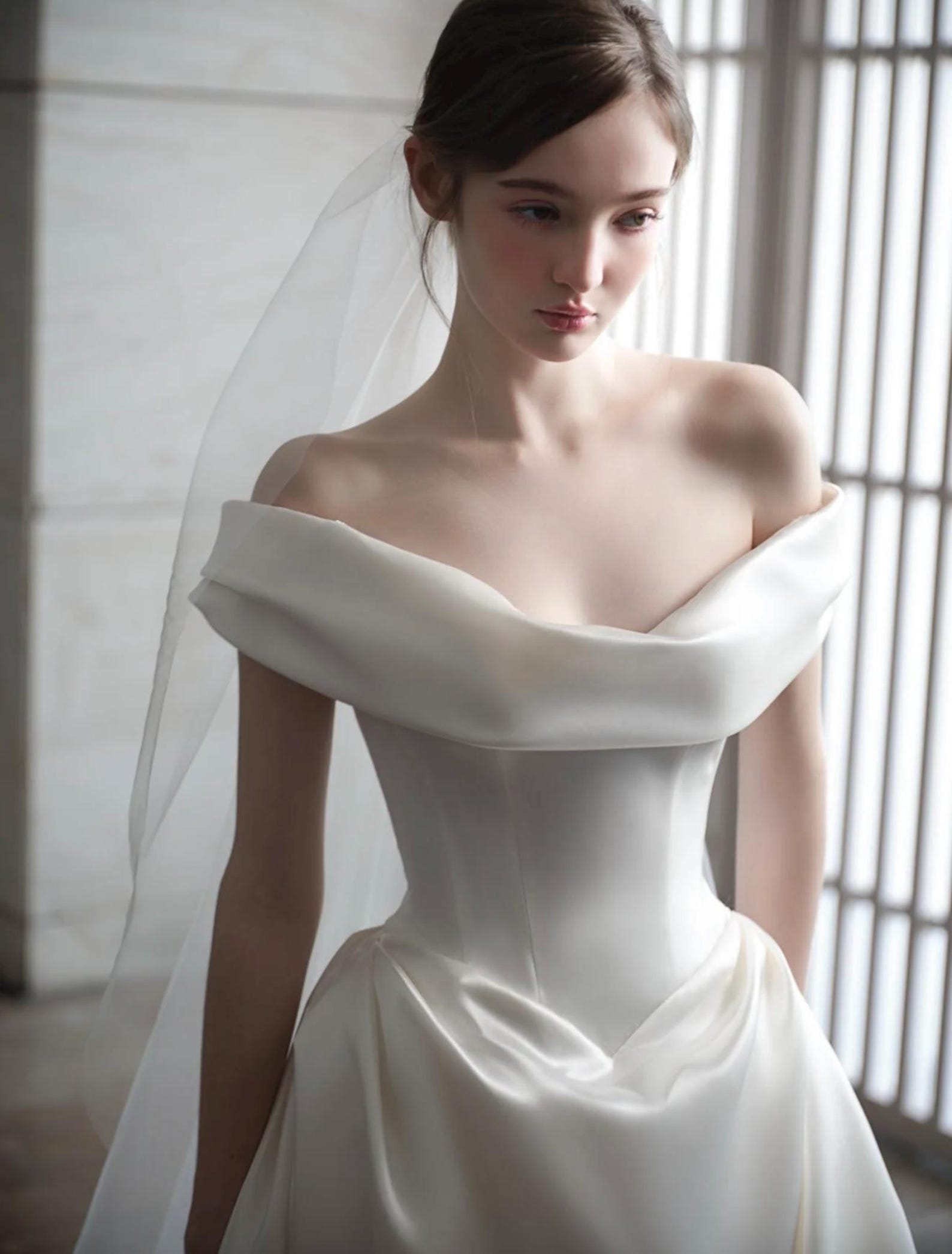 Off Shoulder Satin A Line Wedding Dress Minimalist Long Train Ivory Bridal Gown
