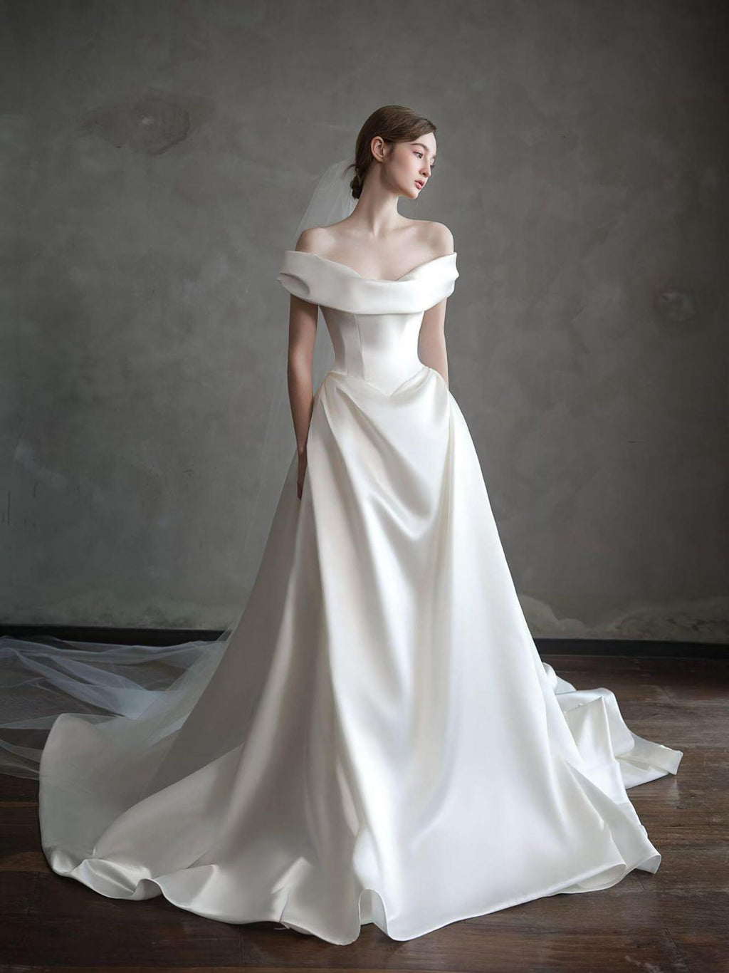 Off Shoulder Satin A Line Wedding Dress Minimalist Long Train Ivory Bridal Gown