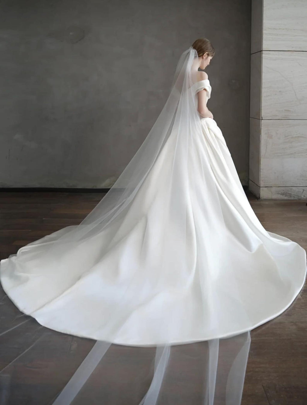 Off Shoulder Satin A Line Wedding Dress Minimalist Long Train Ivory Bridal Gown