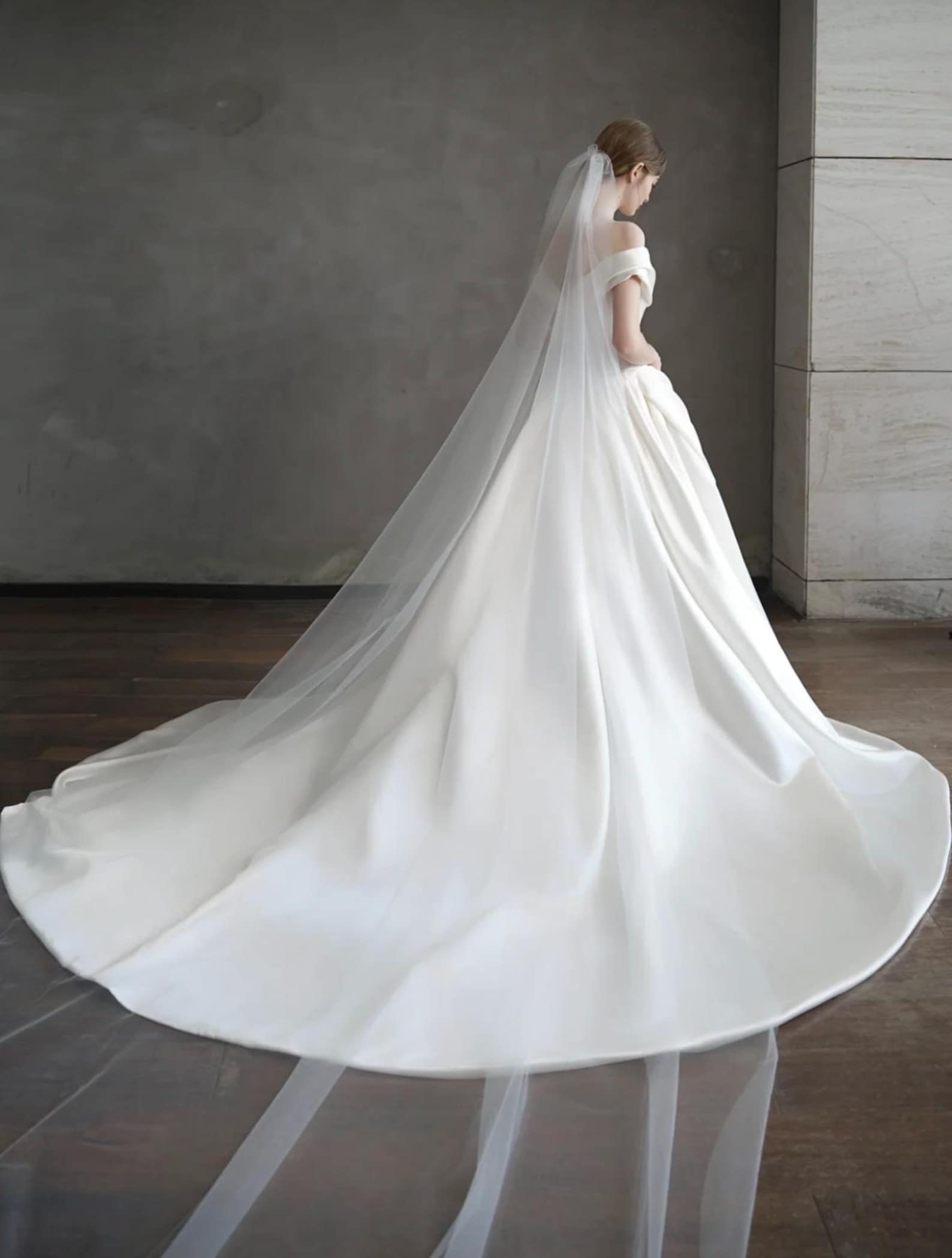 Off Shoulder Satin A Line Wedding Dress Minimalist Long Train Ivory Bridal Gown