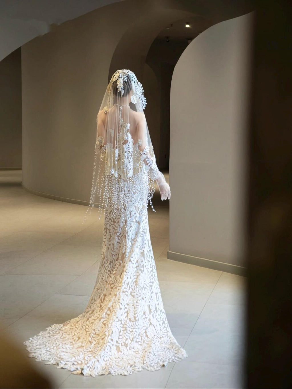 Vintage Lace Mermaid Wedding Dress, Halter Bridal Gown With Floral Veil & Pearl Tassels, Fitted Nude Lining Wedding Gown For Elopement