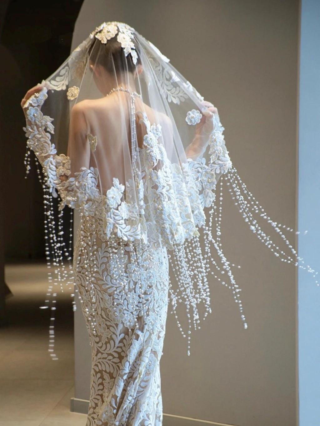 Vintage Lace Mermaid Wedding Dress, Halter Bridal Gown With Floral Veil & Pearl Tassels, Fitted Nude Lining Wedding Gown For Elopement