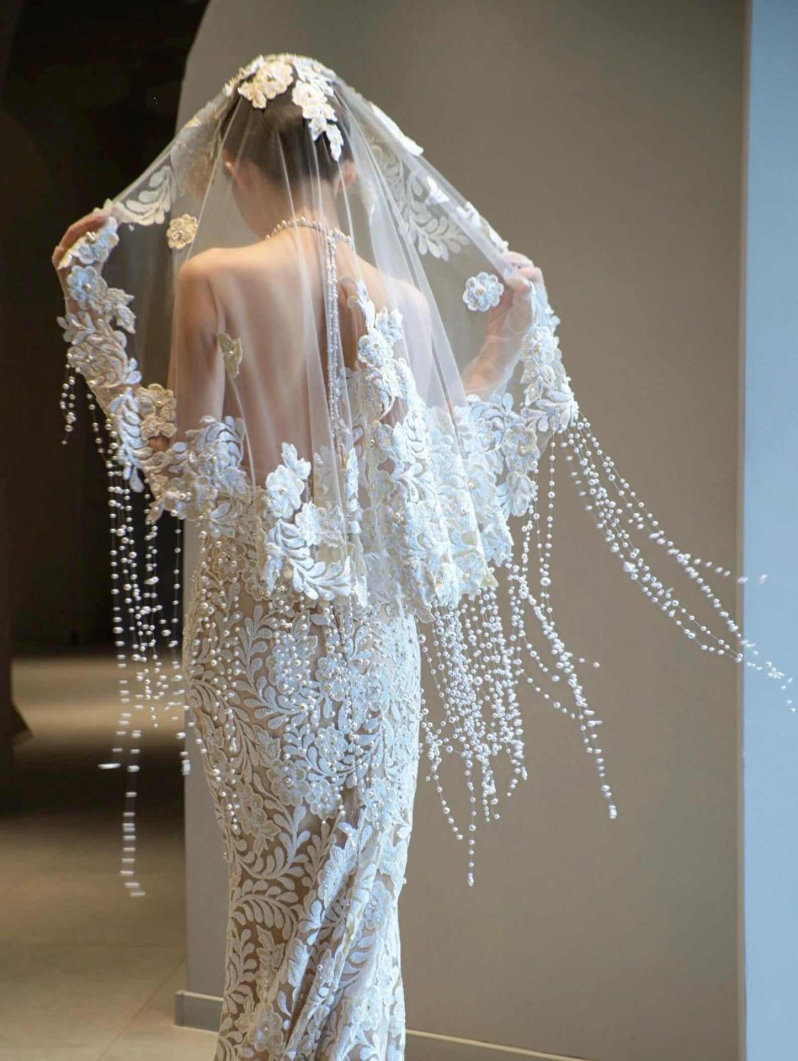 Vintage Lace Mermaid Wedding Dress, Halter Bridal Gown With Floral Veil & Pearl Tassels, Fitted Nude Lining Wedding Gown For Elopement