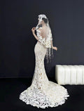 Vintage Lace Mermaid Wedding Dress, Halter Bridal Gown With Floral Veil & Pearl Tassels, Fitted Nude Lining Wedding Gown For Elopement
