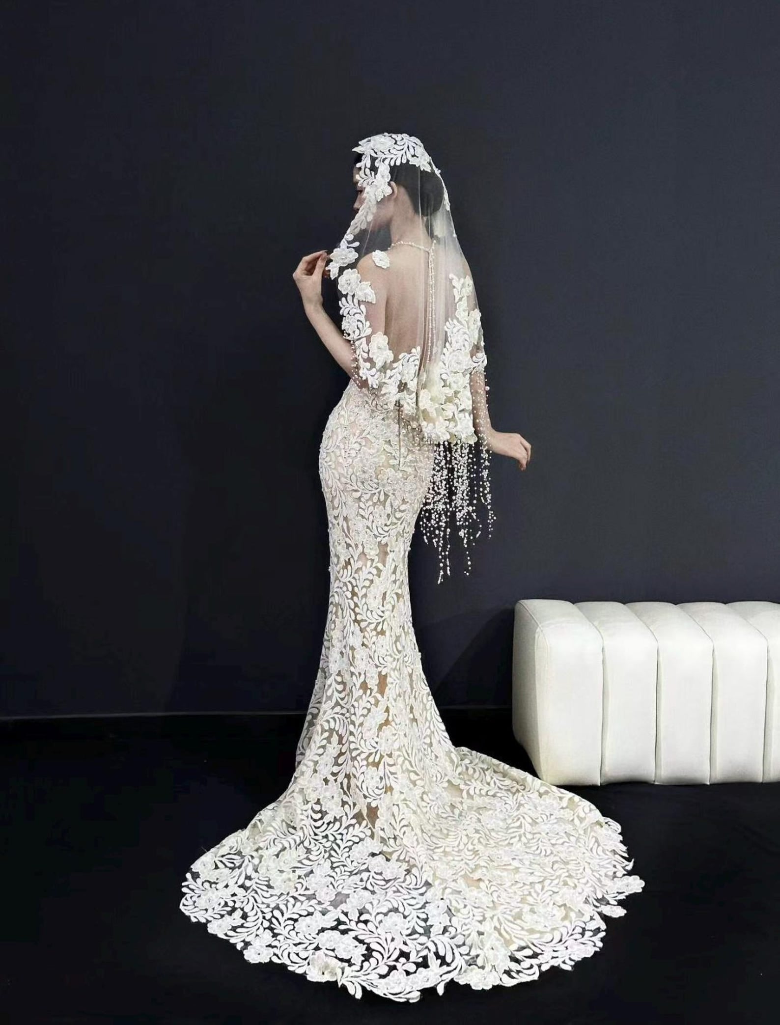 Vintage Lace Mermaid Wedding Dress, Halter Bridal Gown With Floral Veil & Pearl Tassels, Fitted Nude Lining Wedding Gown For Elopement