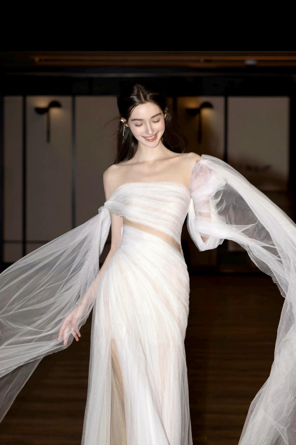 Strapless Ruched Tulle Evening Gown, Waist Cutout Bridal Dress, Long Flowing Sheer Trailing Sleeves, Romantic Wedding Reception Dress