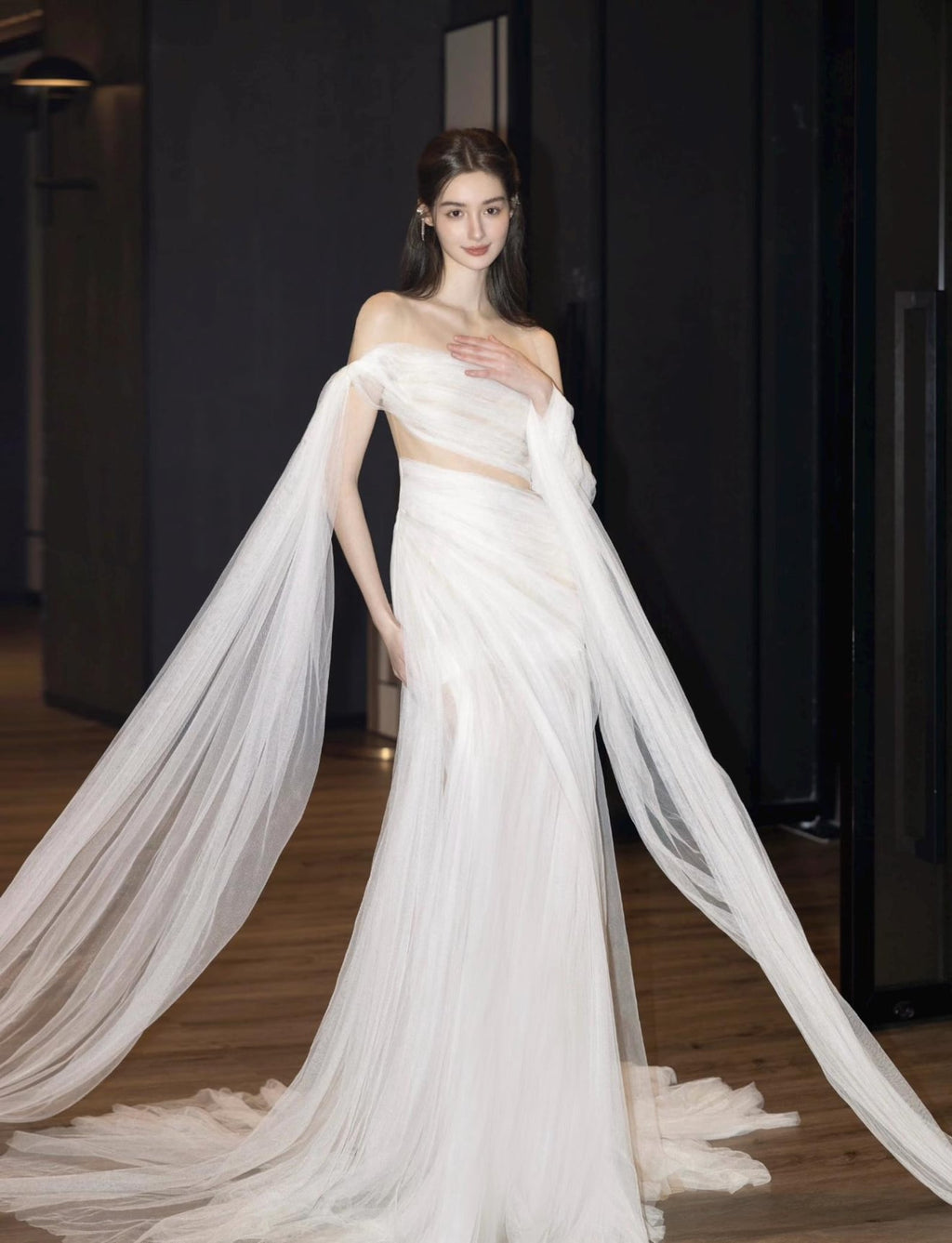 Strapless Ruched Tulle Evening Gown, Waist Cutout Bridal Dress, Long Flowing Sheer Trailing Sleeves, Romantic Wedding Reception Dress