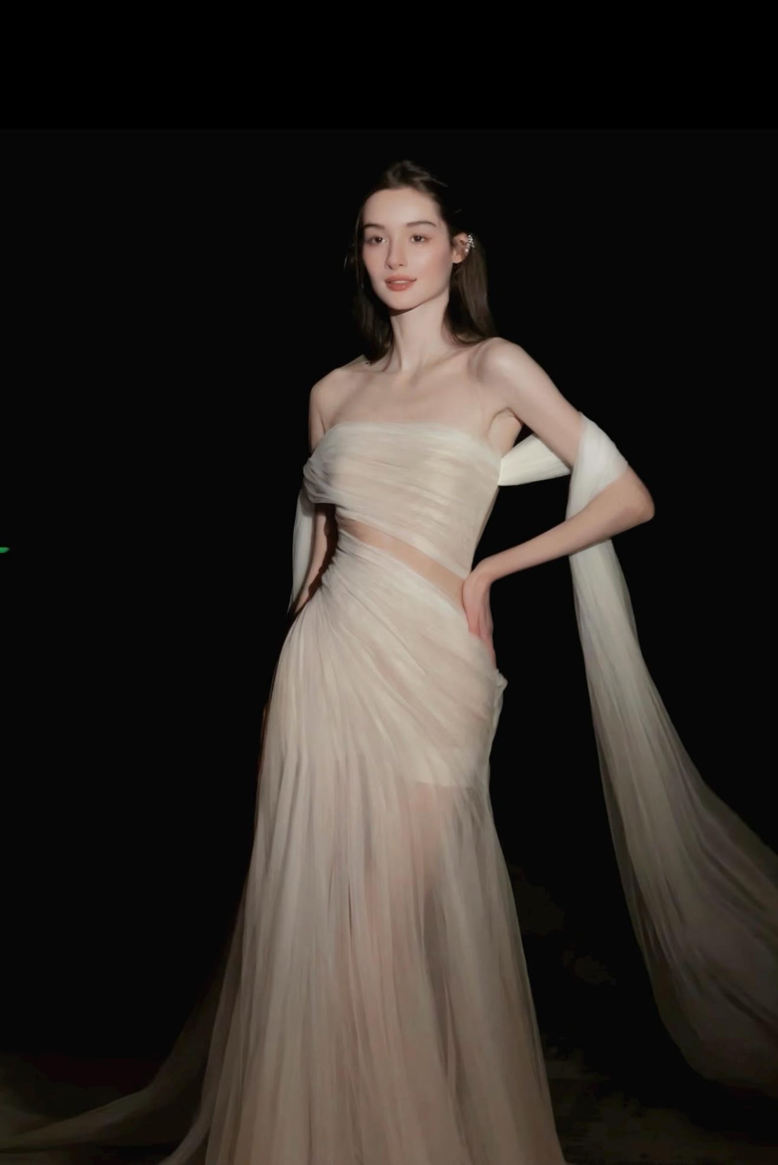 Strapless Ruched Tulle Evening Gown, Waist Cutout Bridal Dress, Long Flowing Sheer Trailing Sleeves, Romantic Wedding Reception Dress