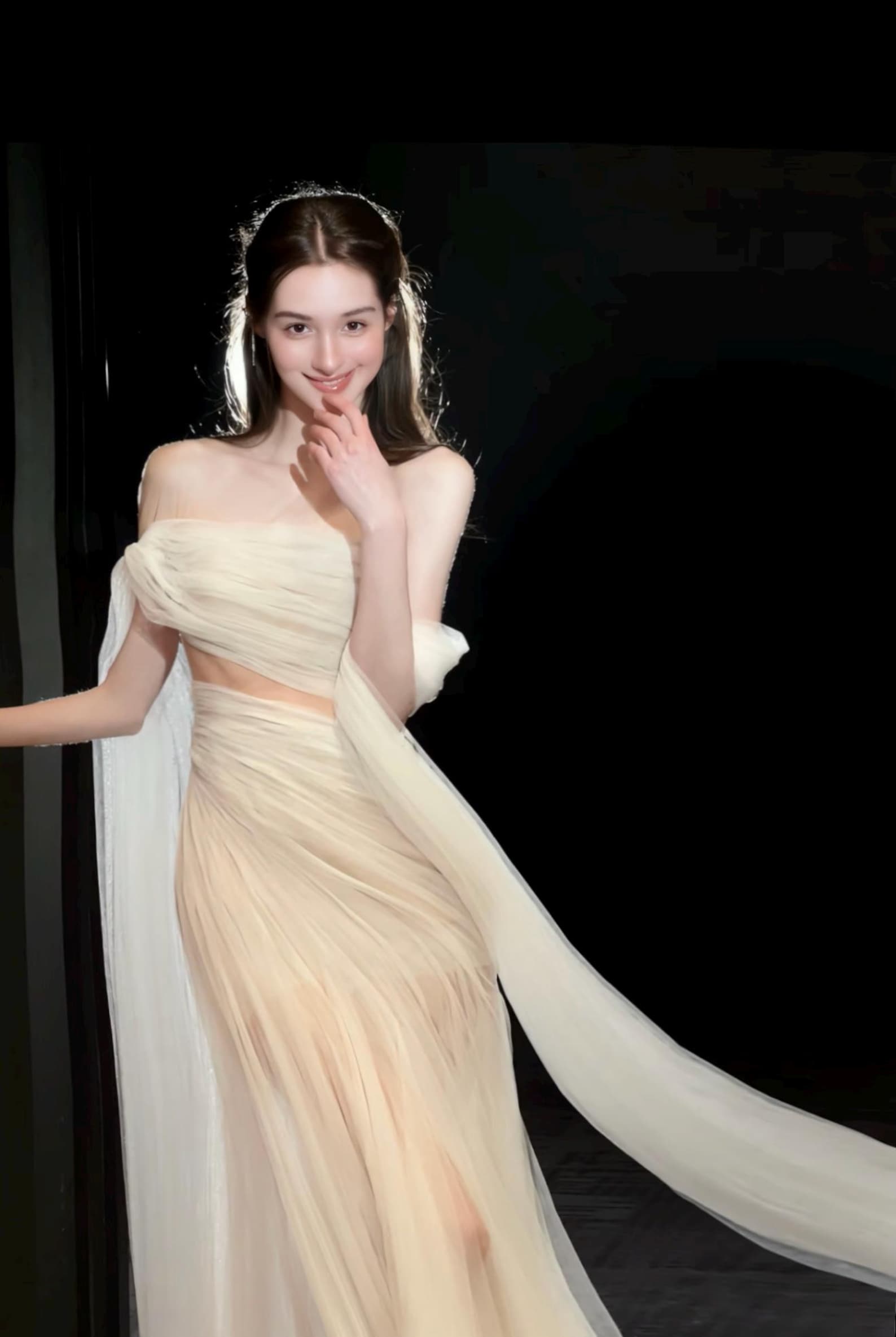 Strapless Ruched Tulle Evening Gown, Waist Cutout Bridal Dress, Long Flowing Sheer Trailing Sleeves, Romantic Wedding Reception Dress