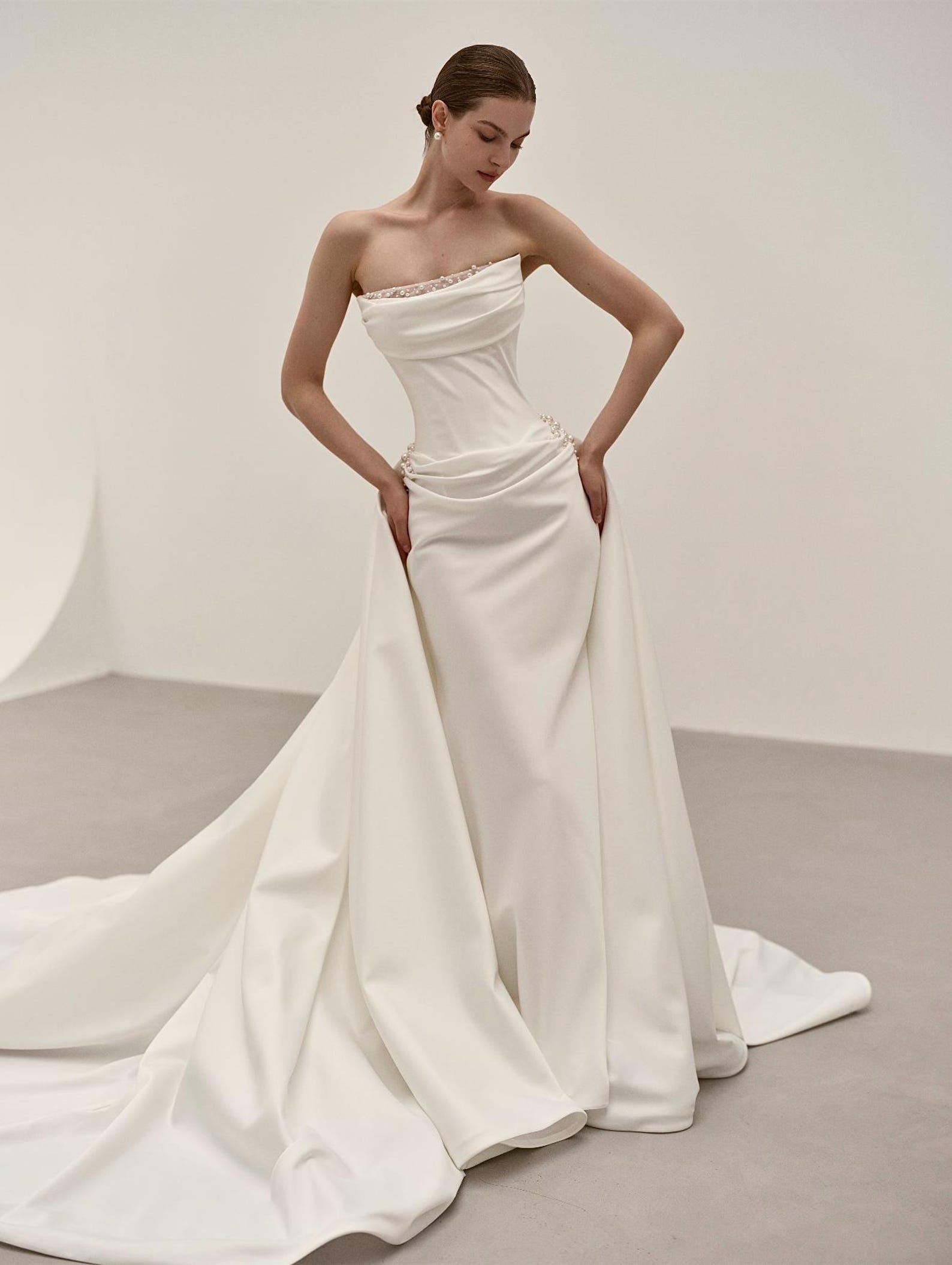 Strapless Satin Mermaid Wedding Dress With Pearl Trim, Draped Long Train Bridal Gown, Minimalist Classic Wedding Gown