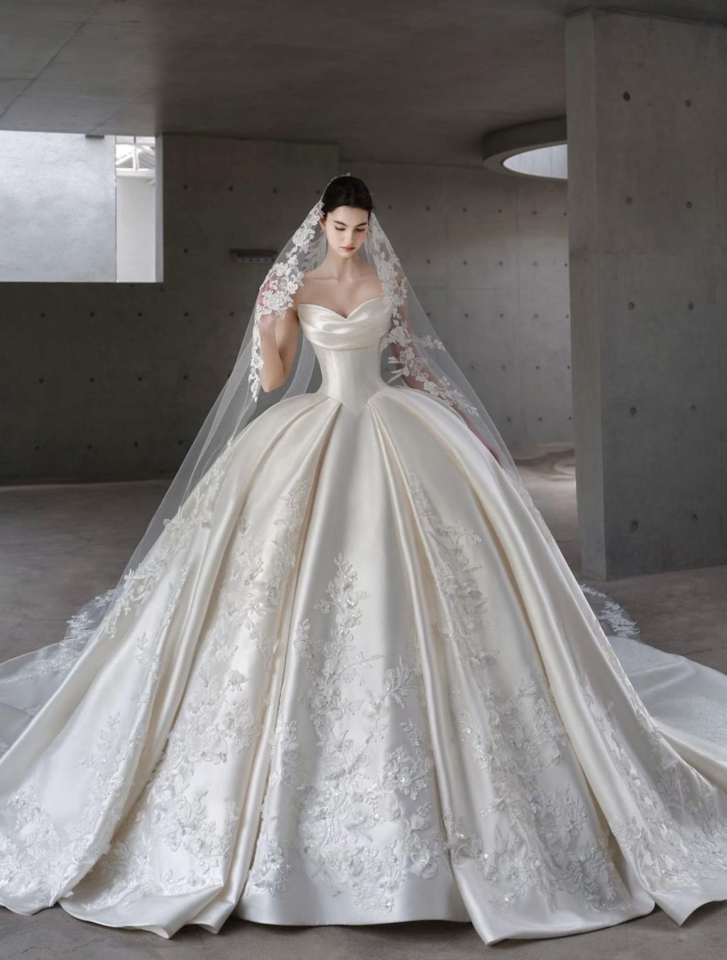 Sweetheart Satin Ballgown Wedding Dress, Lace Appliqué Voluminous Bridal Gown, Cathedral Train Luxury Wedding Gown