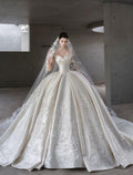 Sweetheart Satin Ballgown Wedding Dress, Lace Appliqué Voluminous Bridal Gown, Cathedral Train Luxury Wedding Gown