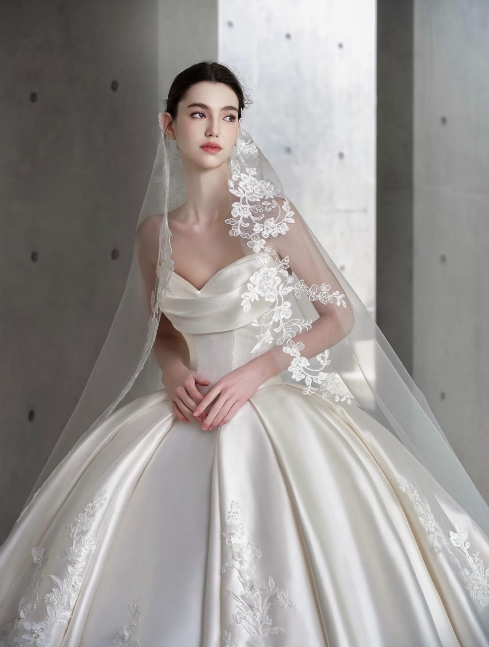 Sweetheart Satin Ballgown Wedding Dress, Lace Appliqué Voluminous Bridal Gown, Cathedral Train Luxury Wedding Gown