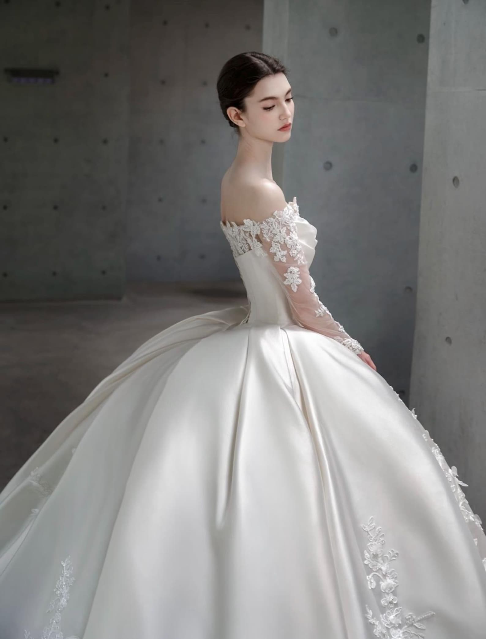 Sweetheart Satin Ballgown Wedding Dress, Lace Appliqué Voluminous Bridal Gown, Cathedral Train Luxury Wedding Gown