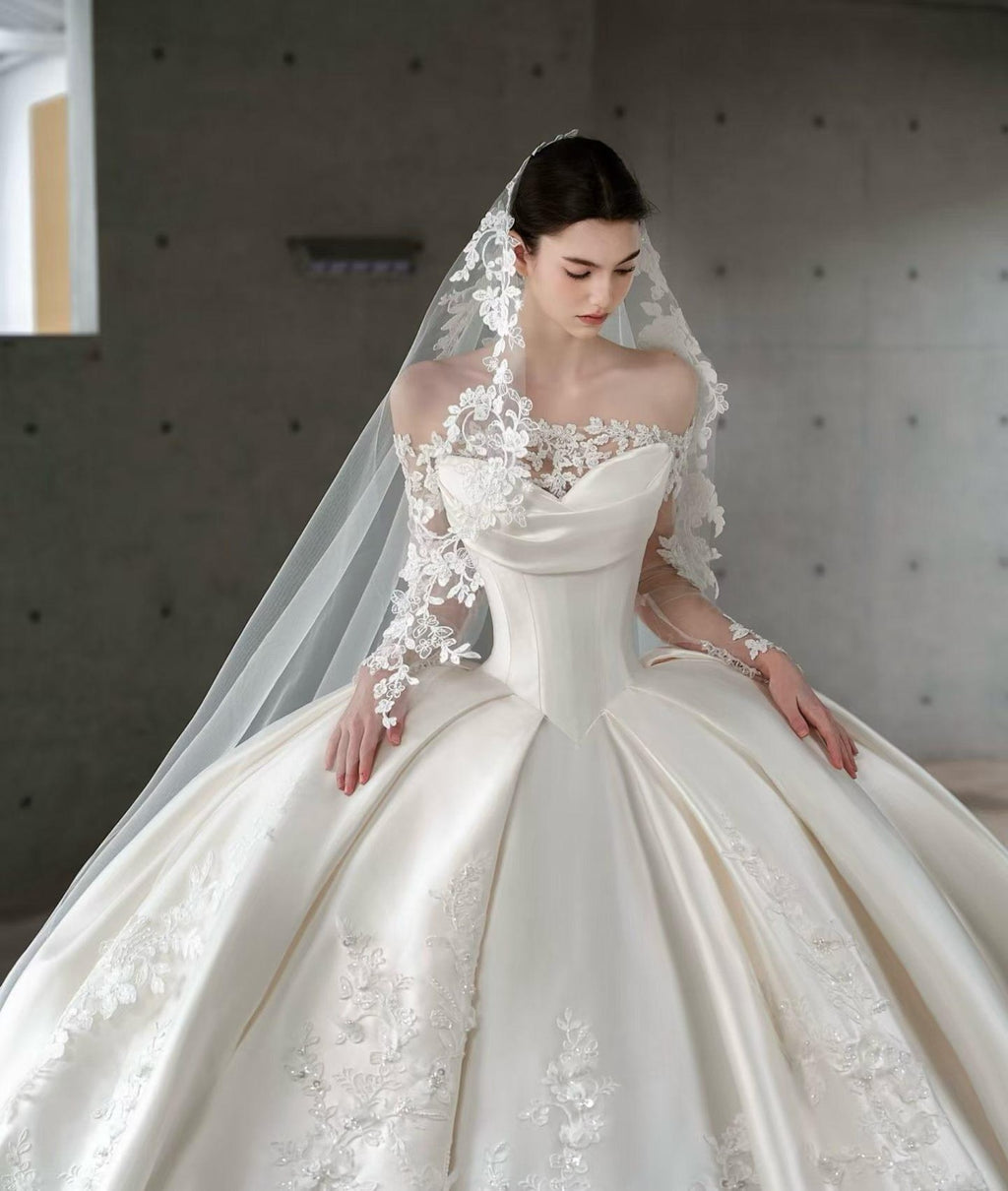 Sweetheart Satin Ballgown Wedding Dress, Lace Appliqué Voluminous Bridal Gown, Cathedral Train Luxury Wedding Gown