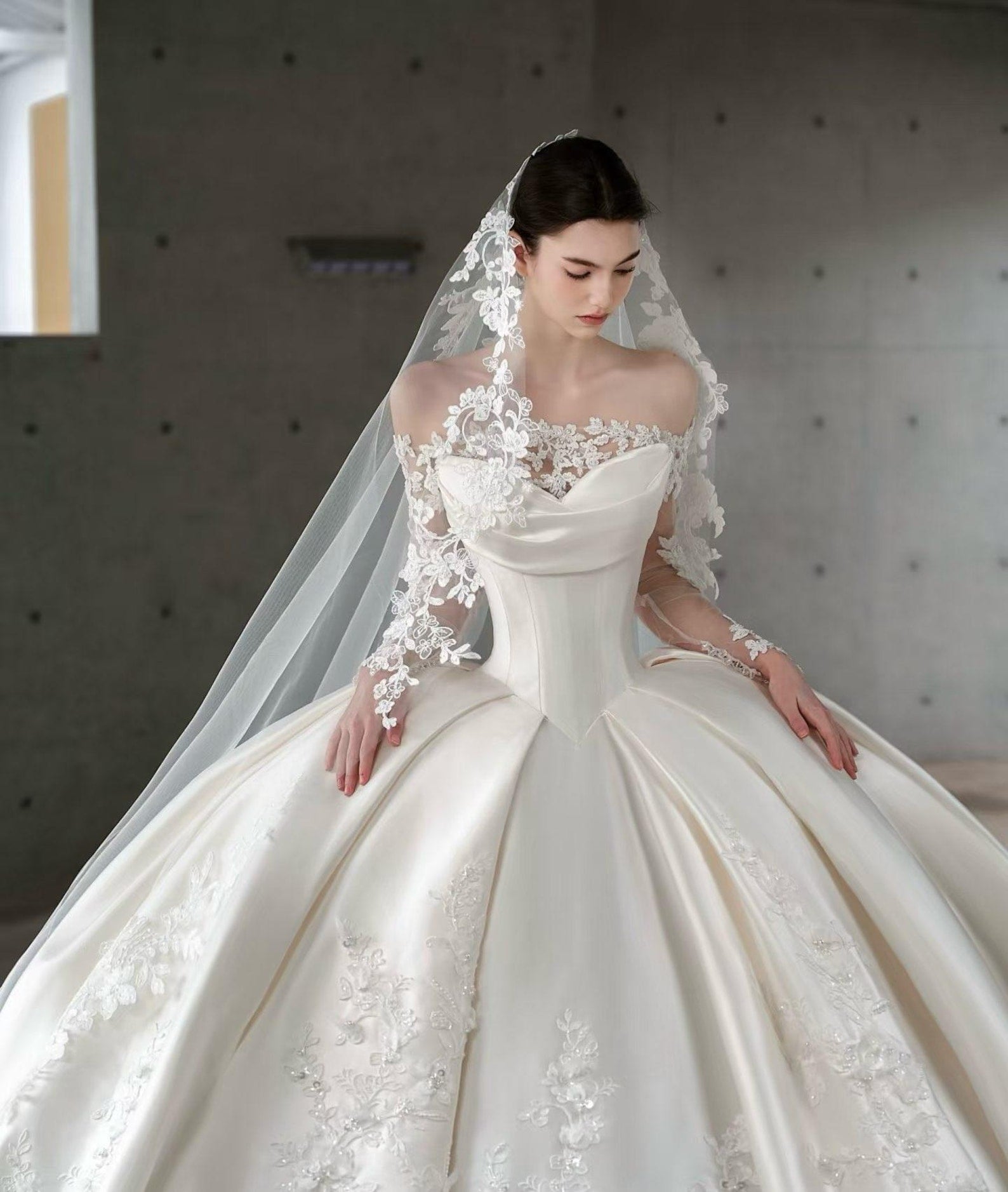 Sweetheart Satin Ballgown Wedding Dress, Lace Appliqué Voluminous Bridal Gown, Cathedral Train Luxury Wedding Gown