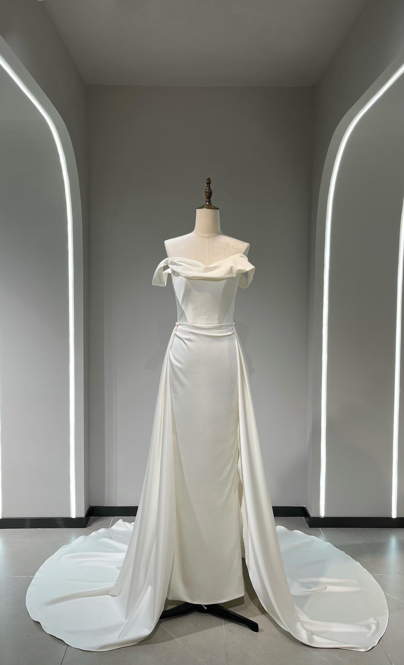 Off-the-Shoulder Satin Mermaid Wedding Dress with Detachable Side Skirt Oversized Train Bridal Gown