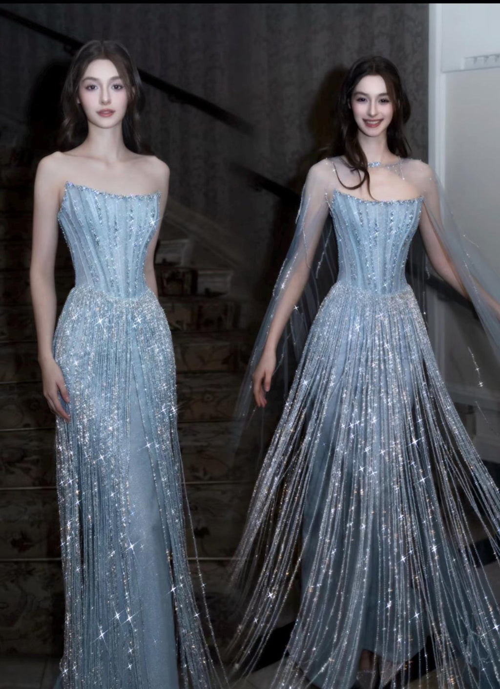 Dusty Blue Rhinestone Fringe Evening Gown Strapless Boned Corset Mermaid Formal Dress with Sheer Cape for Wedding Reception Gala Pageant