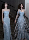 Dusty Blue Rhinestone Fringe Evening Gown Strapless Boned Corset Mermaid Formal Dress with Sheer Cape for Wedding Reception Gala Pageant