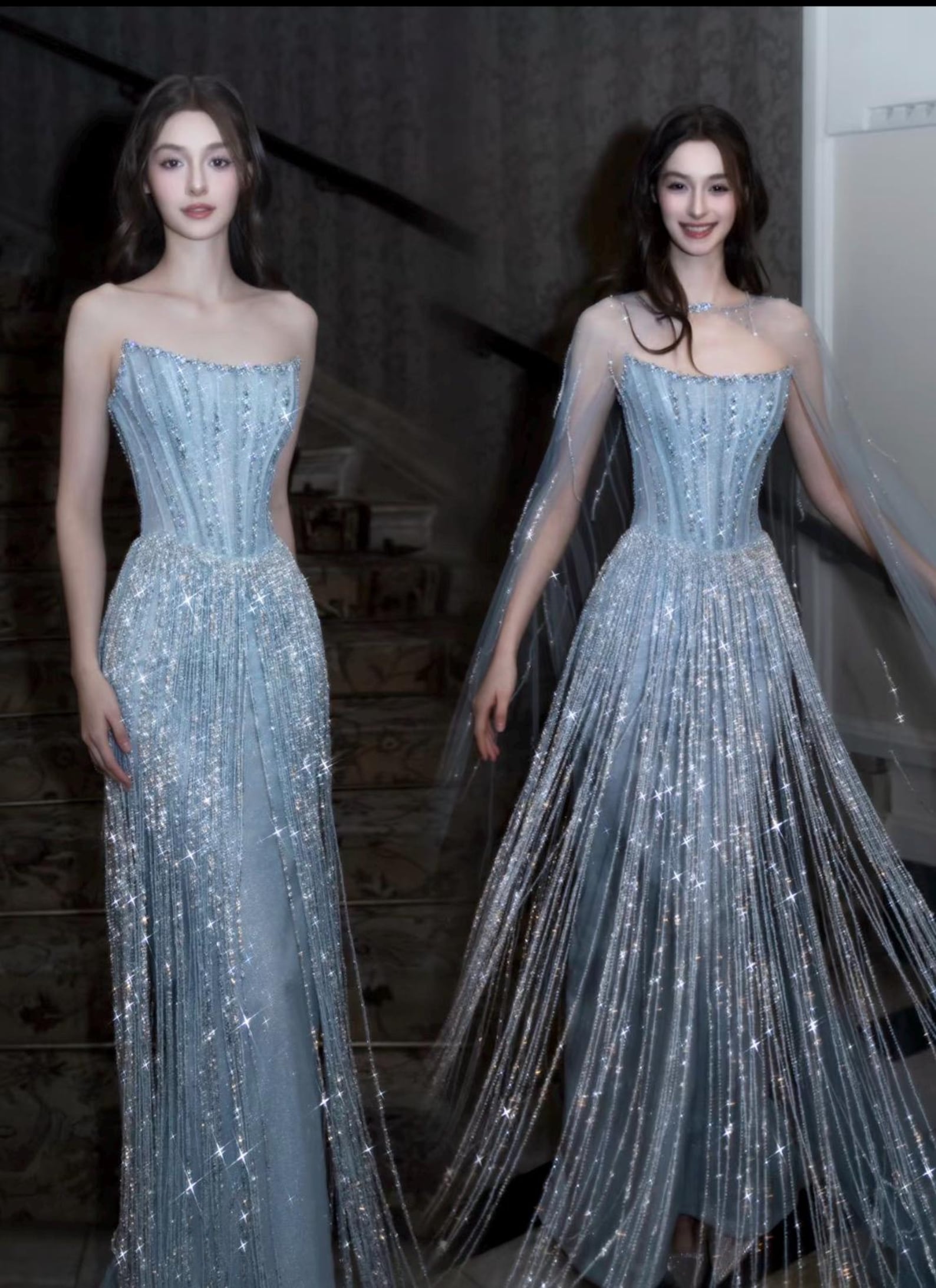 Dusty Blue Rhinestone Fringe Evening Gown Strapless Boned Corset Mermaid Formal Dress with Sheer Cape for Wedding Reception Gala Pageant