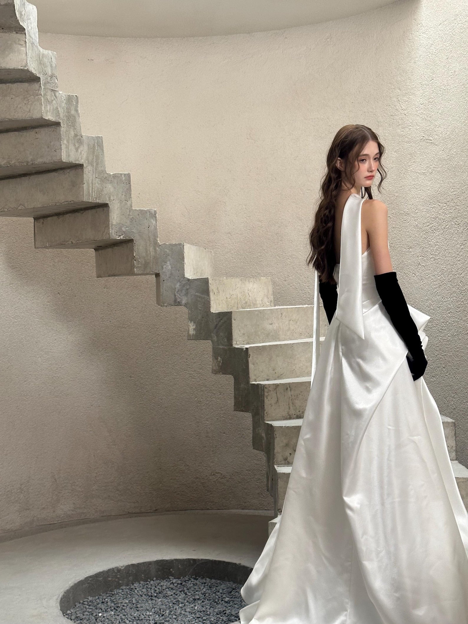 French Halter Satin Wedding Dress, Hepburn Style Ruched Corset Bridal Gown With High Slit, Reception Bridal Dress