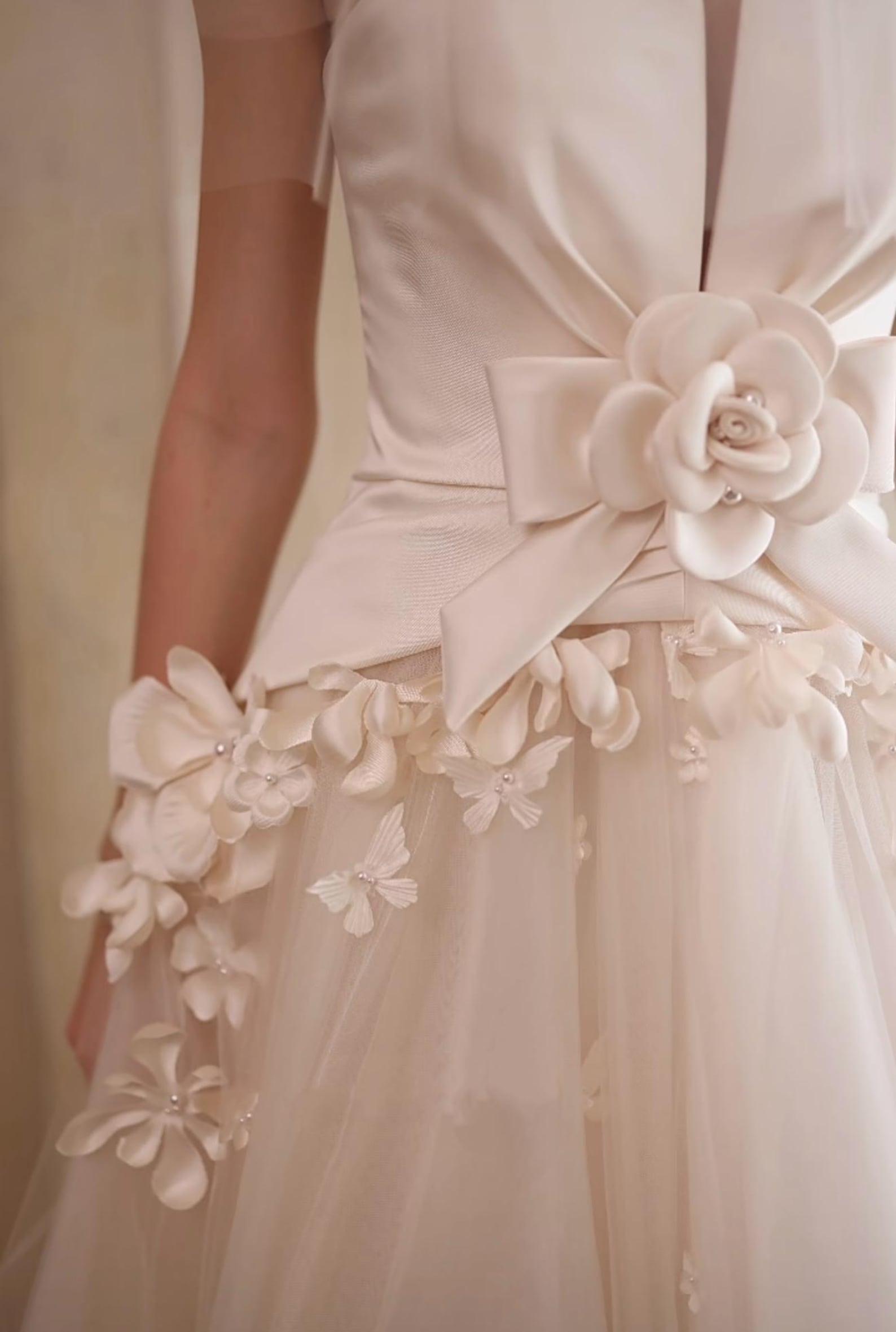 Vintage French Strapless Bridal Gown Decorated with Handmade Camellia