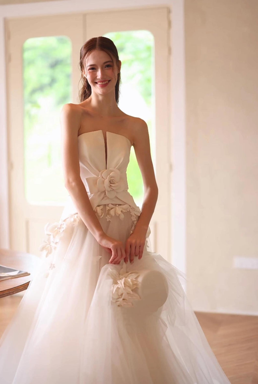 Vintage French Strapless Bridal Gown Decorated with Handmade Camellia