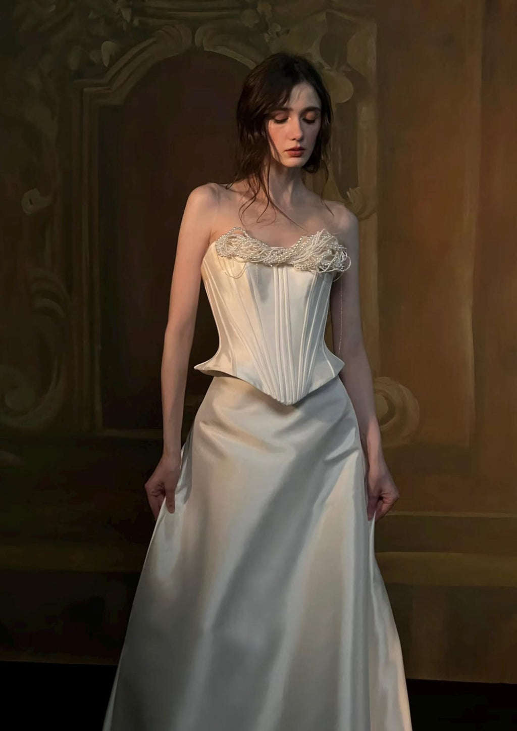 Pearl Trim Strapless Satin Wedding Dress, Boned Corset A-line Evening Gown