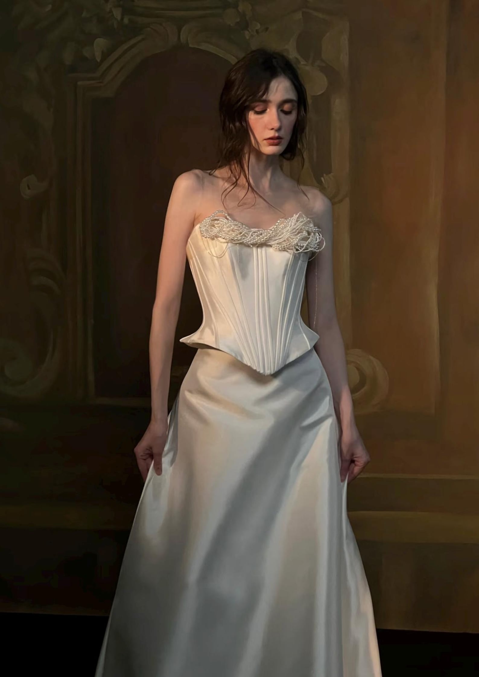 Pearl Trim Strapless Satin Wedding Dress, Boned Corset A-line Evening Gown