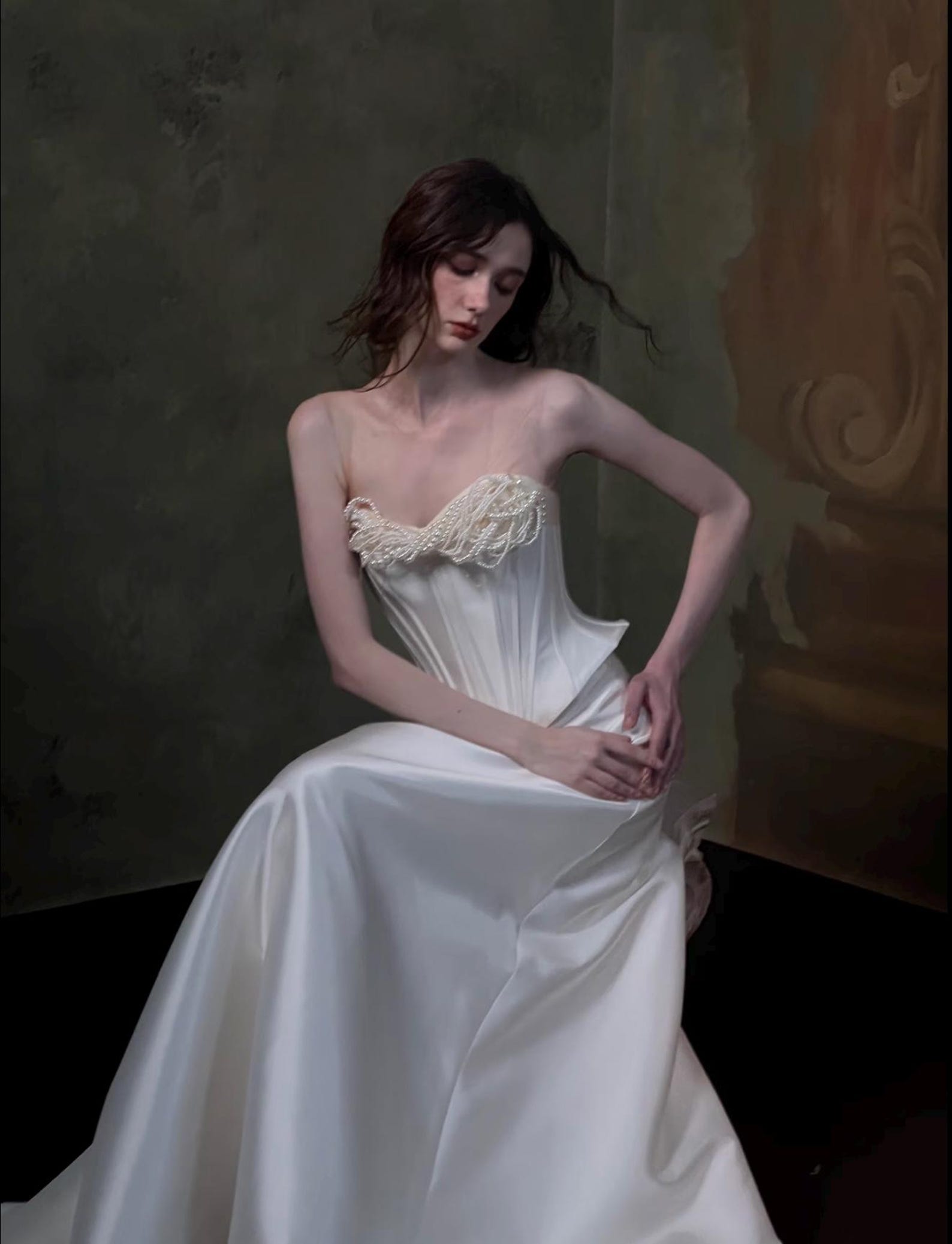 Pearl Trim Strapless Satin Wedding Dress, Boned Corset A-line Evening Gown