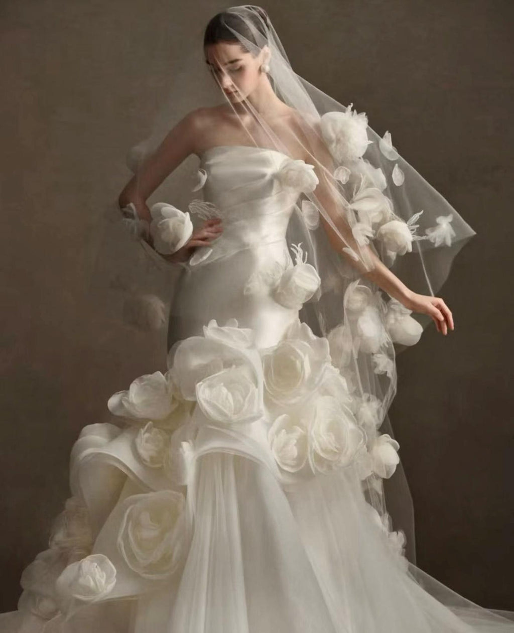 Strapless 3D Floral Mermaid Satin Wedding Gown