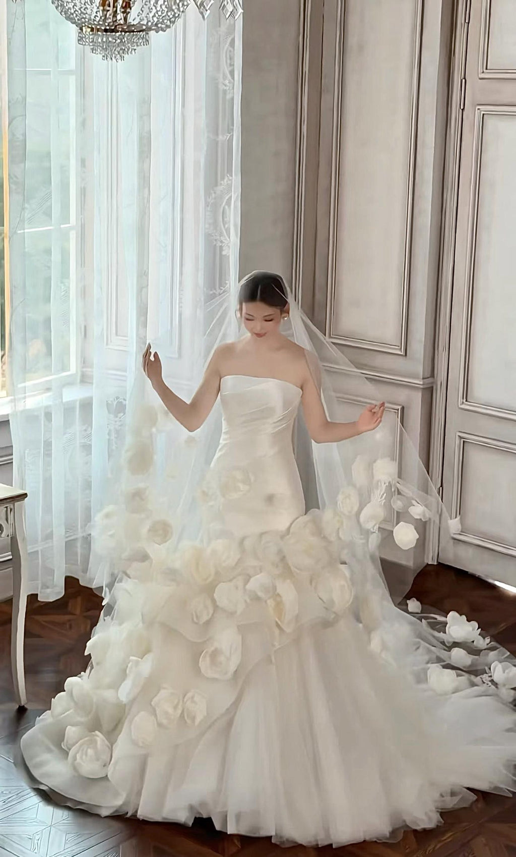 Strapless 3D Floral Mermaid Satin Wedding Gown
